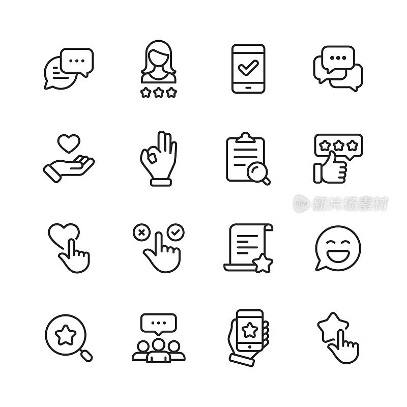 Feedback and Testimonials  Line Icons. Editable Stroke. Pixel Perfect. For Mobile and Web. Contains such icons as Feedback, Testimonials, Survey, Review, Clipboard, Happy Face, Like Button, Thumbs Up, Badge.